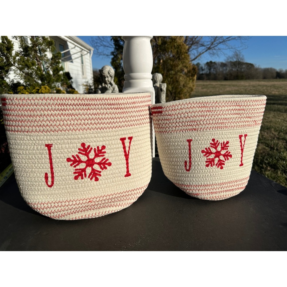 Set of 2 Christmas Baskets‎ Joy Snowflake Red White Rope basket Storage Decor